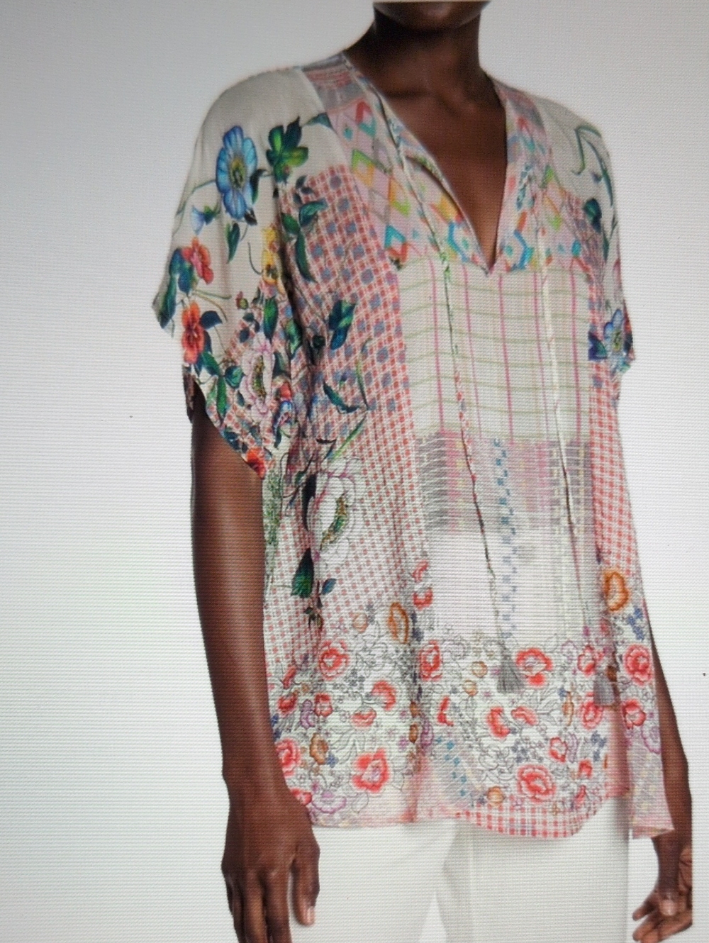 Johnny Was Floral Multicolored Zadie Tassel Tunic Top